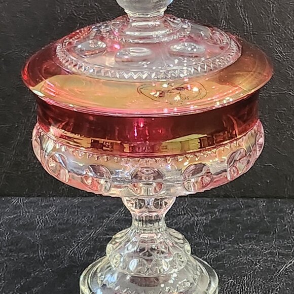 Indiana Glass/Tiffin Ruby Red King's Crown Thumbprint Glass Compote With Lid - Picture 9 of 10